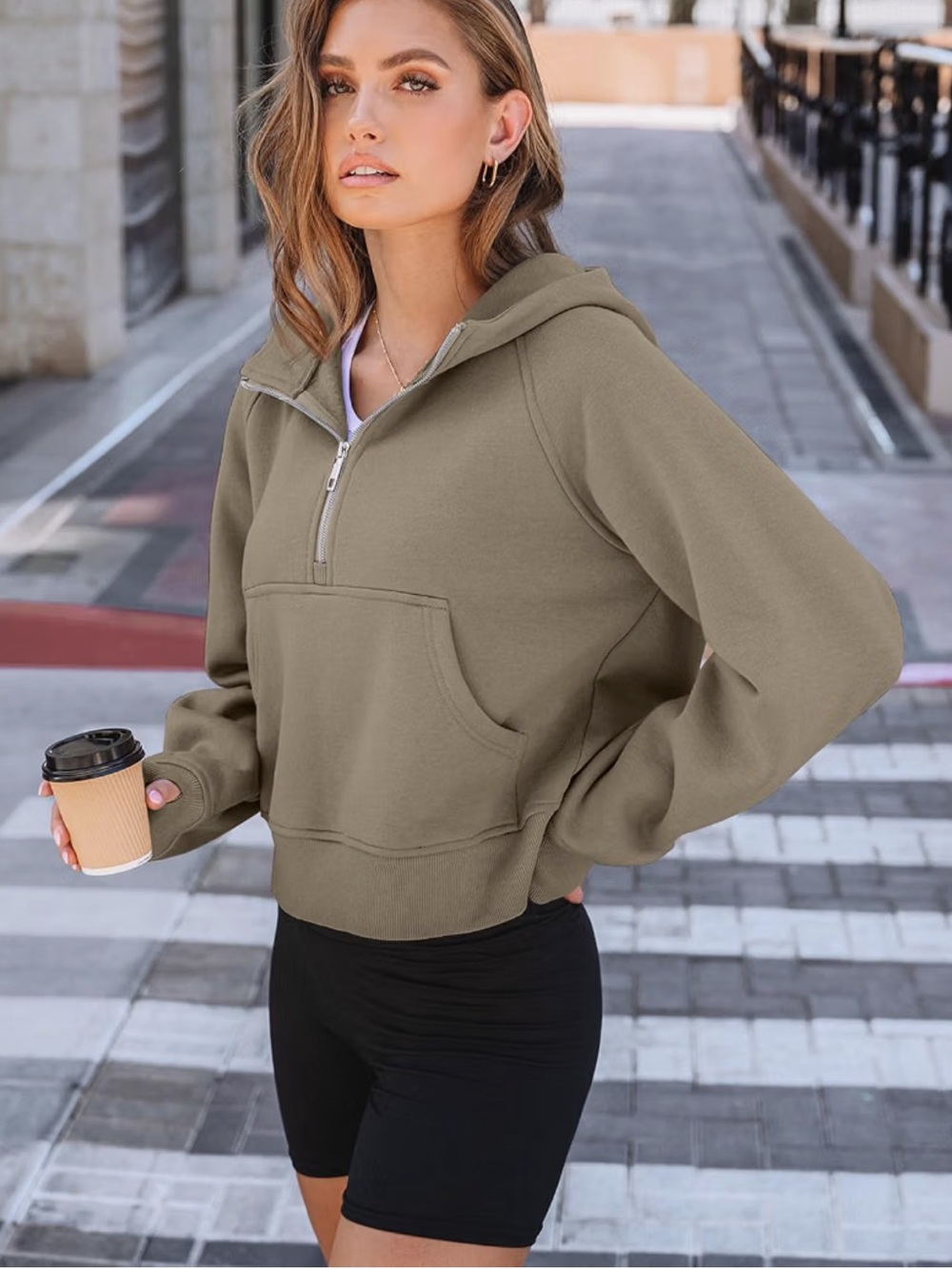Automet Scuba Hoodie Half Zip Cropped Size Medium Mocha Athleisure